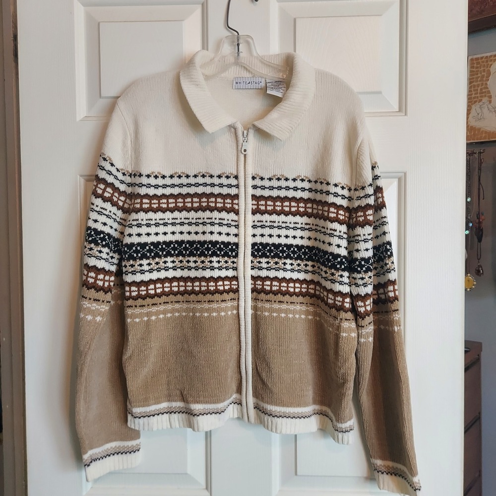 White Stag Womens Large Full Zip Fair Isle Cardigan Sweater Cream Tan Brown Knit